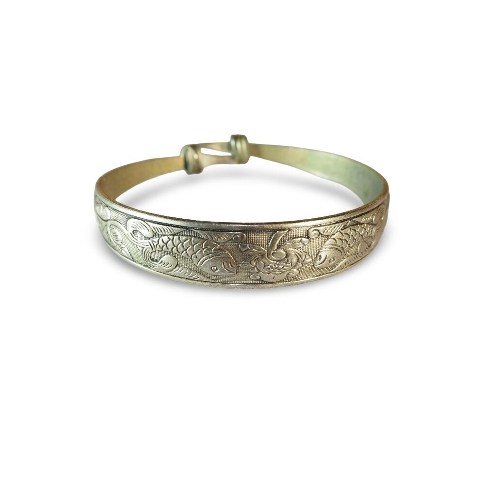 Vintage Etched Silver Tone Bangle‎ Bracelet Fish Floral Motif Boho